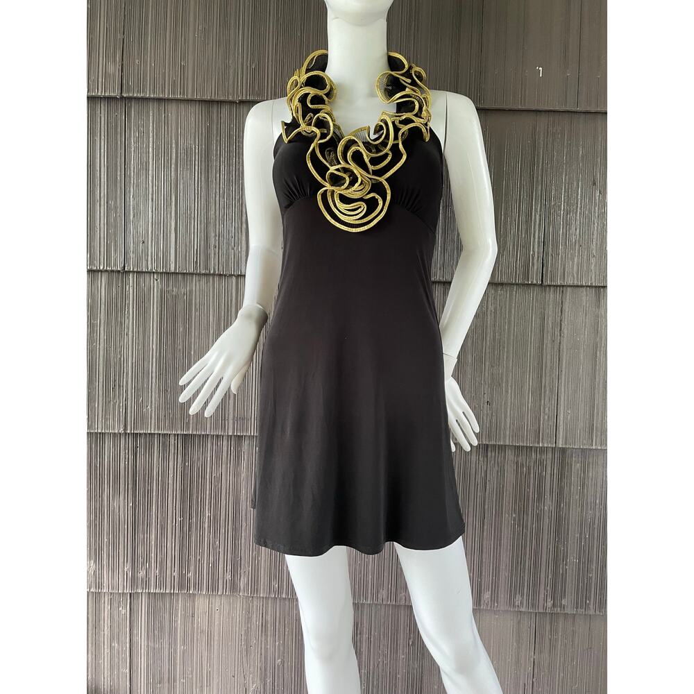 VTG 90s Y2K April USA Gold Ruffled Halter Neck  Jersey Babydoll Black Dress Sz S